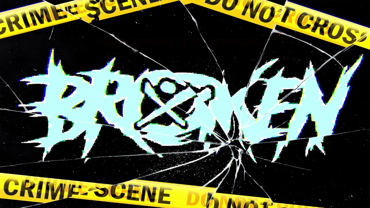 In Vain video artwork: Broken logo behind cracked glass and crime-scene tape